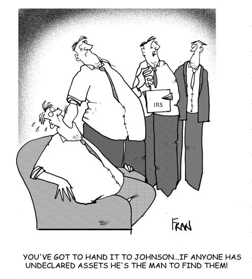 "You've got to hand it to Johnson...if anyone has undeclared assets he's the man to find them!"