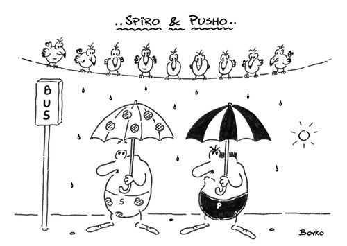 Spiro & Pusho use umbrellas to protect themselves from bird poop.