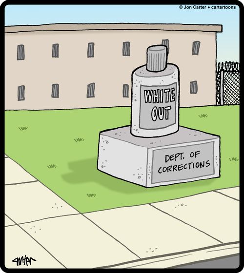 Department of corrections has statue of white out correctional fluid in front of building.
