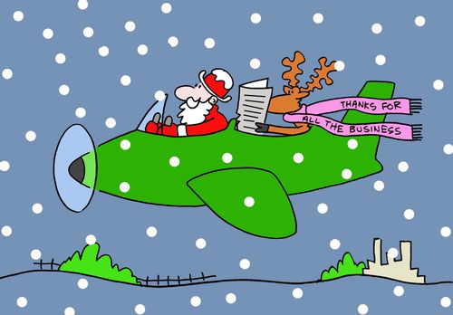 Reindeer in back of the plane wearing scarf that says 'Thanks for all the business'.