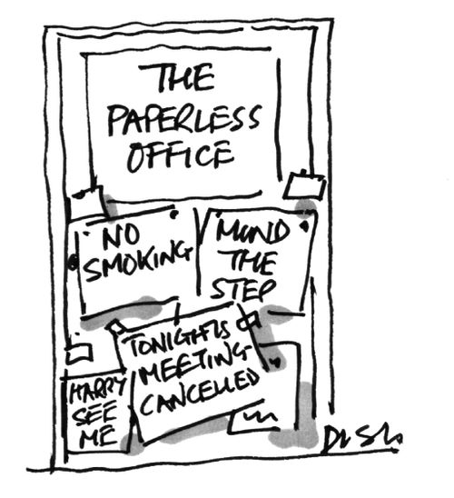The paperless office sign covered in post-it notes