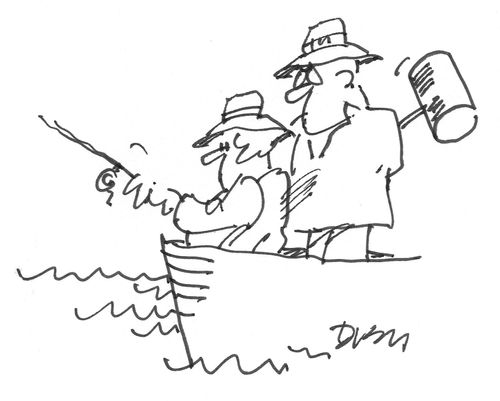 Fisherman waiting with a mallet.