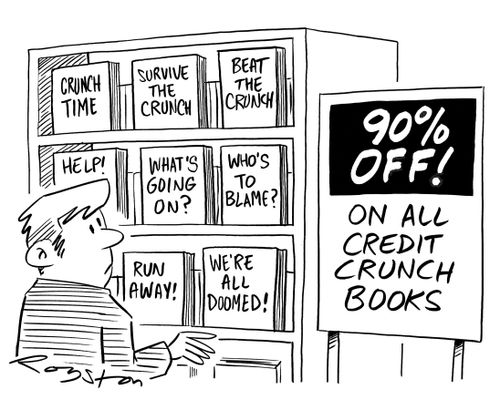 Shop struggles to sell books about recession: '90 per cent off on all credit crunch books' (Titles incluude: Beat the Crunch! Who's to Blame? We're all Doomed!)