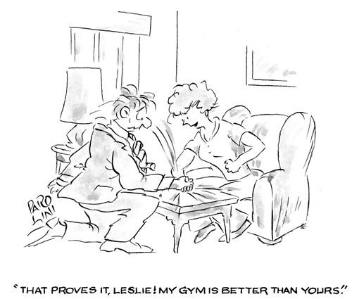 'That proves it, Leslie! My gym is better than yours.'
