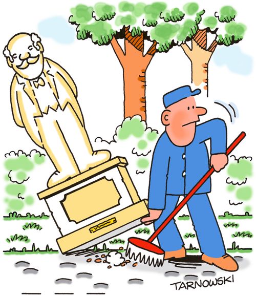 Park cleaner sweeping dirt under a statue.