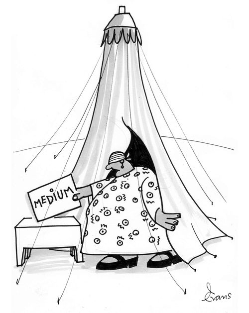 Fat fortune teller places a placard outside her tent; 'Medium'.