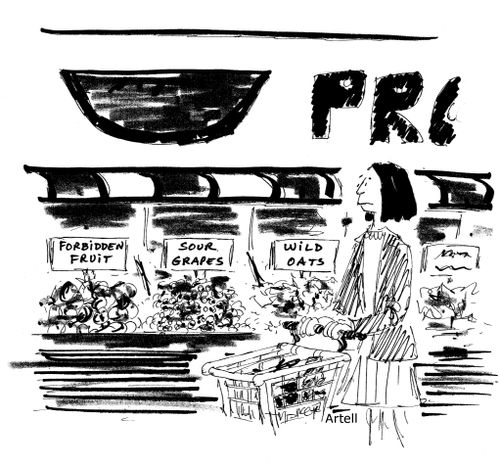 Woman in supermarket passes food items with cliche' names such as 'forbidden fruit,' 'sour grapes,' etc. 
