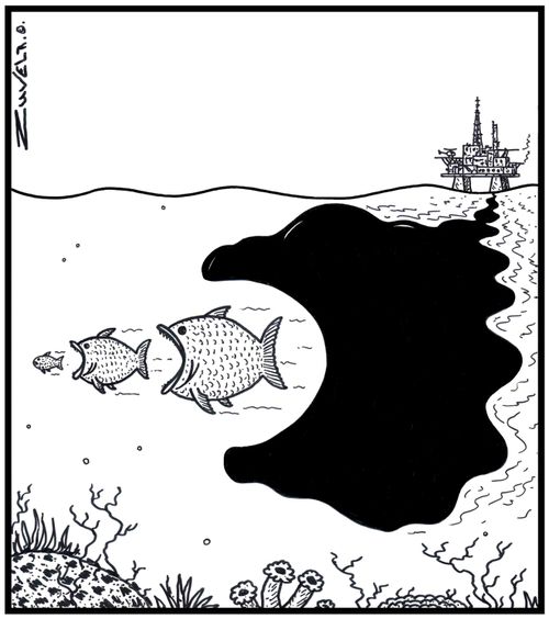 The Fish Food Chain about to be taken over by a large spillage of Oil leaking from an Ocean Oil rig.