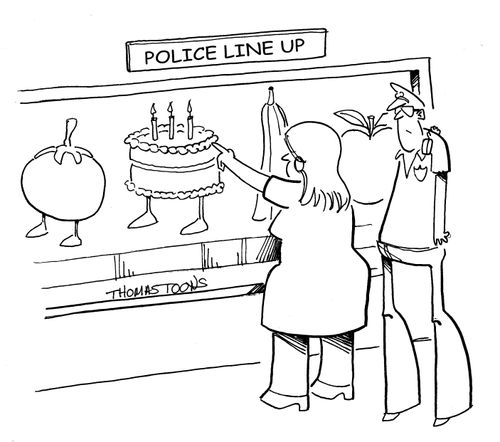 A woman identifies a cake in a police lineup.
