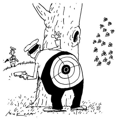 Man during a training exercise with a target on his bottom attracts some bees