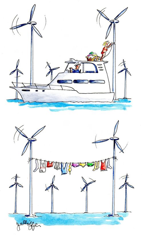 Couple in a yacht setting up a washing line on wind turbines.