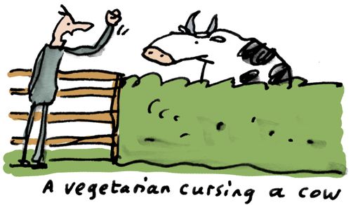 A vegetarian cursing a cow.