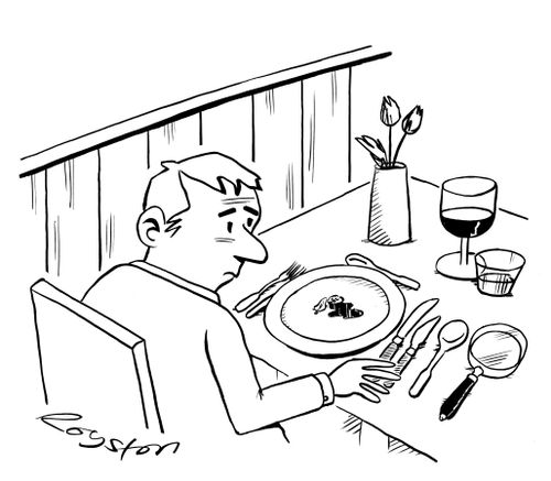 Tiny restaurant portion. Man finds magnifying glass amongst cutlery.