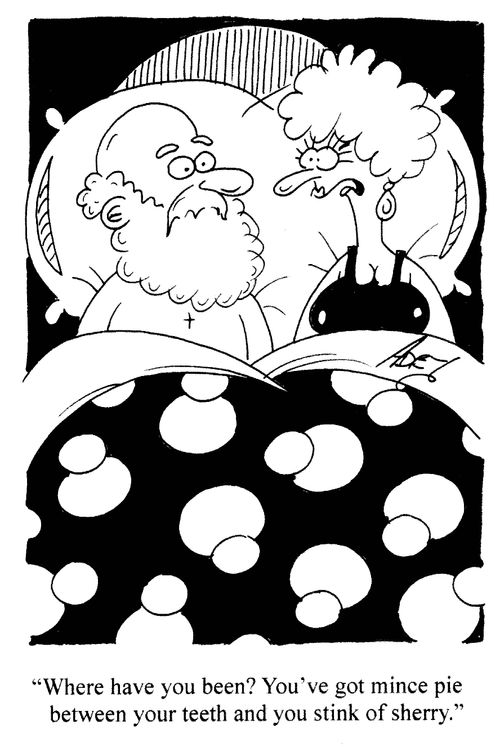 'Where have you been? You've got mince pie between your teeth and you stink of sherry.'