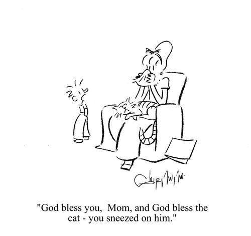 'God bless you, Mom, and God bless the cat - you sneezed on him.'