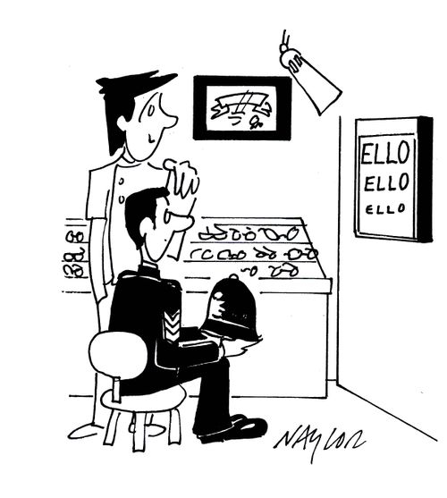 Policeman at opticians, reading eye chart that says 'ELLO ELLO ELLO'