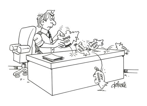 Businesman shakes out his piggy US bank only to find other piggy banks marked OffShore.