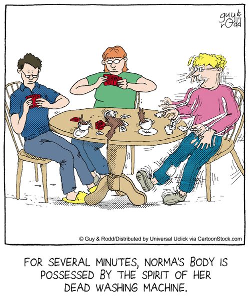 For several minutes, Norma's body is possessed by the spirit of her dead washing machine.