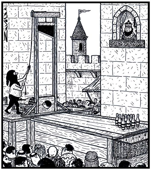  A man about to be executed by Guillotine seeing if his head can knock over some Tenpin Bowling pins
