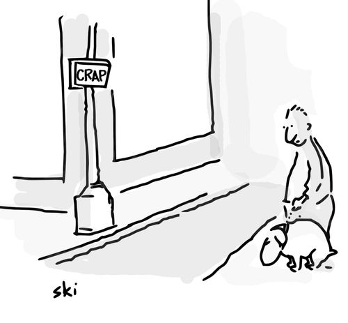 Dog poops next to a 'Crap' sign.