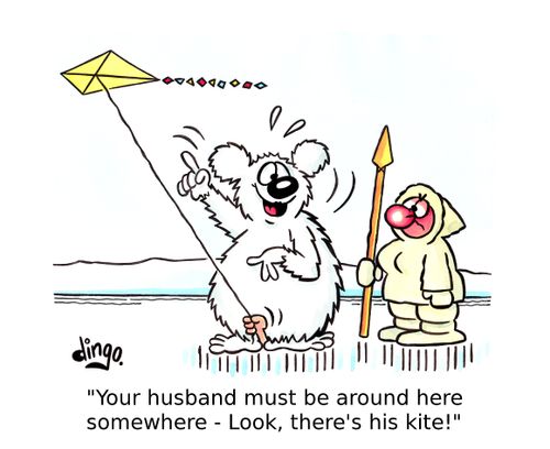 'Your husband must be around here somewhere - Look, there's his kite!'