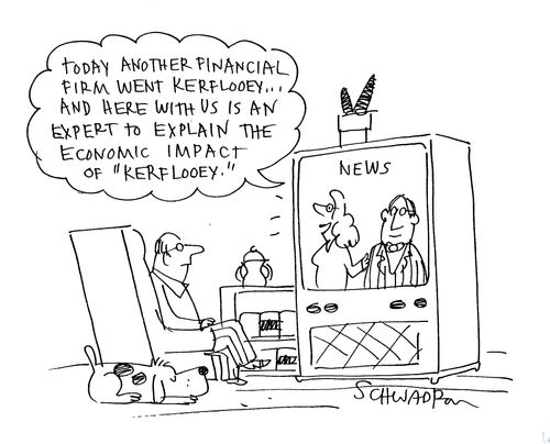'Today another financial firm went kerflooey and here with us is an expert to explain the economic impact of 'Kerflooey.''