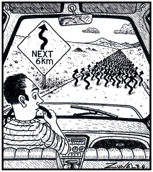 Visual Gag: Winding road symbol, NEXT 6km.