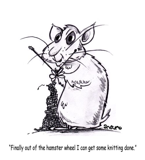 "Finally out of the hamster wheel I can get some knitting done."