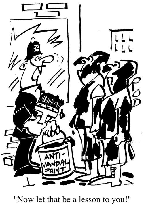 Policeman painting vandals with 'anti-vandal paint' instead of painting the walls.