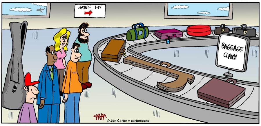 The Grim Reaper is standing at the airport baggage claim waiting to pick up his scythe case from the luggage conveyor.
