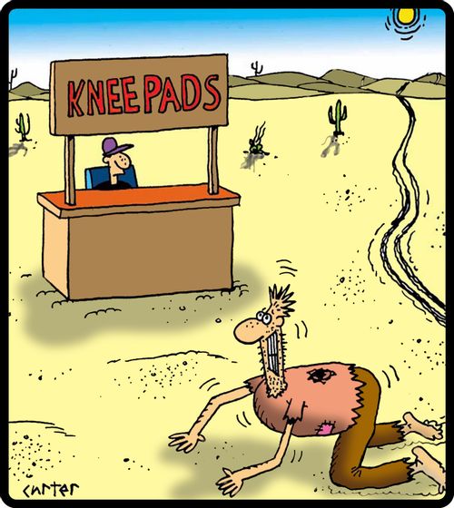 Man selling kneepads to desert crawlers.
