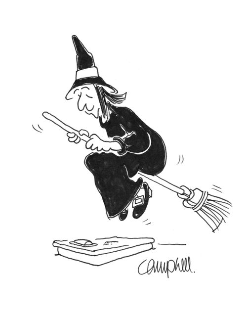 Witch hovers over scale on broom.