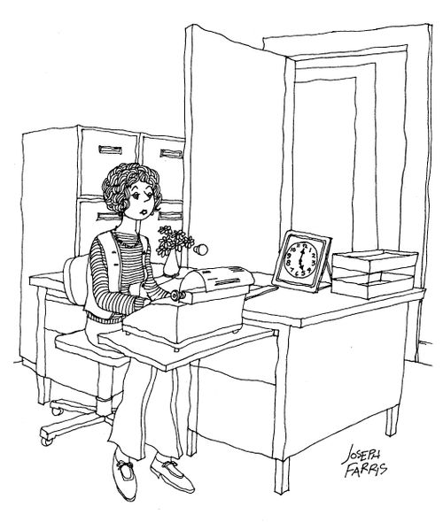 Woman with picture of clock with hands on five o clock on desk instead of picture of a loved one.