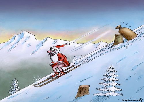 Santa leaves his sack behind when skiing down a mountain.