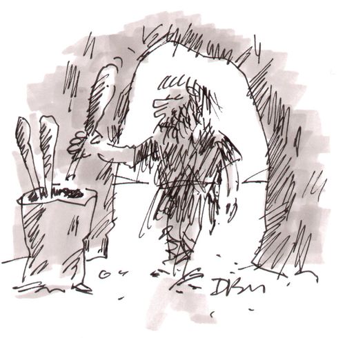 Caveman with a stand for his clubs.