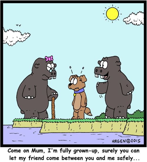 "Come on Mum, I'm fully grown-up, surely you can let my friend come between you and me safely..."