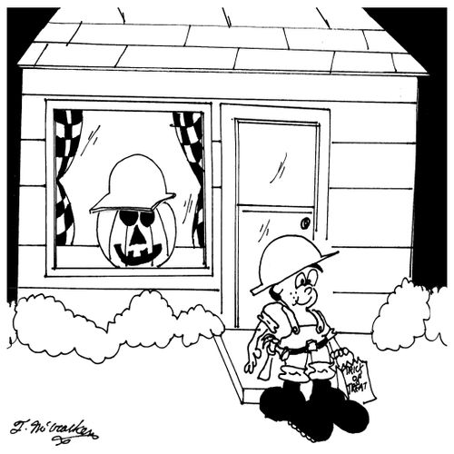 At Halloween a little kid leaves the house wearing his father's construction clothes, tool belt and hard hat. In the window is a pumpkin with a hard hat on.