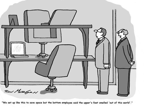 'We set this up to save space but the bottom employee said the upper's feet smelled 'out of this world'.'