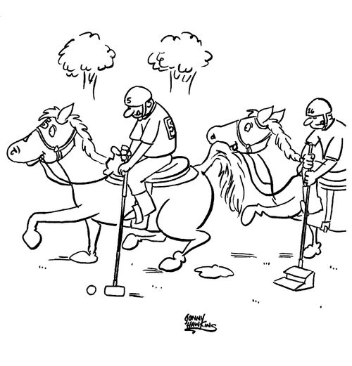Horse polo player followed by player with long pooper scooper.