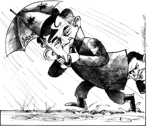 Gordon Brown in the rain.