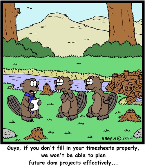 "Guys, if you don't fill in your timesheets properly, we won't be able to plan future dam projects effectively..."