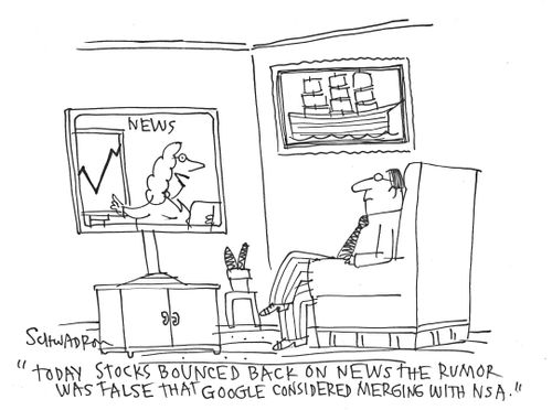 'Today stocks bounced back on the news the rumor was false that google considered merging with NSA.'