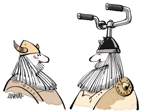 Viking with bike handlebars on helmet.