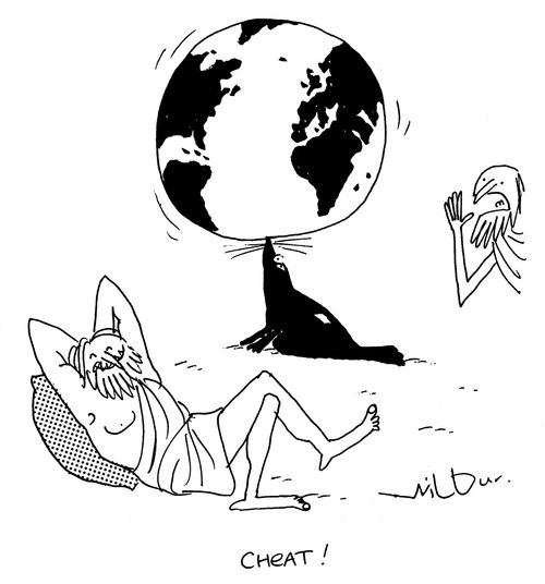 Atlas resting whilst a seal balances the globe on its nose.