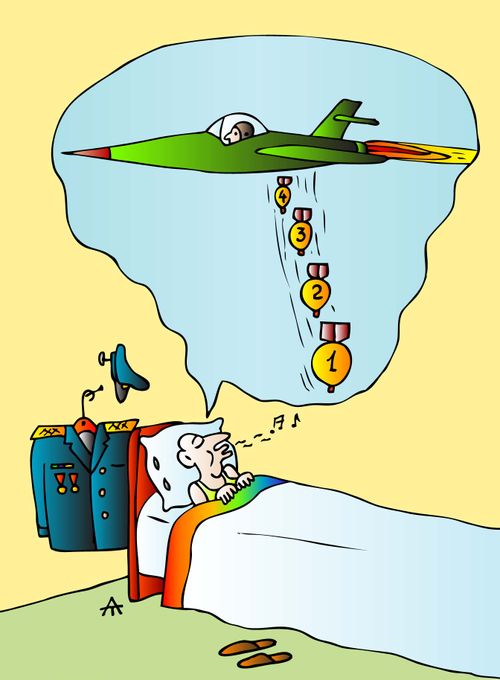 A military man dreams of medals dropping like bombs.