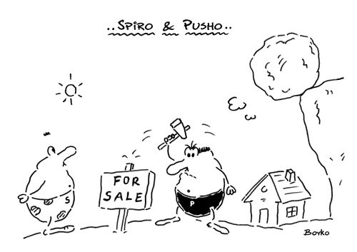 Spiro and Pusho selling a house that sits under the shadow of precariously placed boulder.