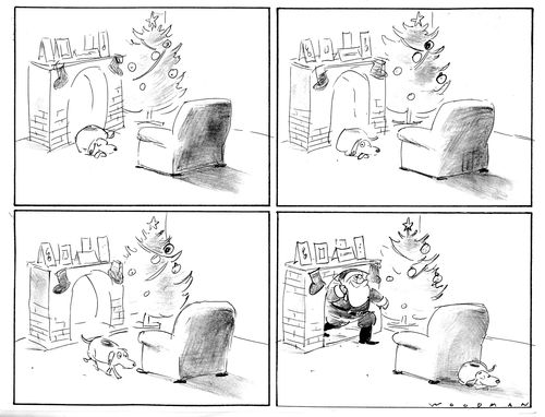 Dog moves out of the way of Father Christmas.