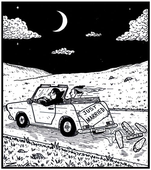 The Vampire's version of cans tied to the back of a wedding car driving off with small Coffins attached