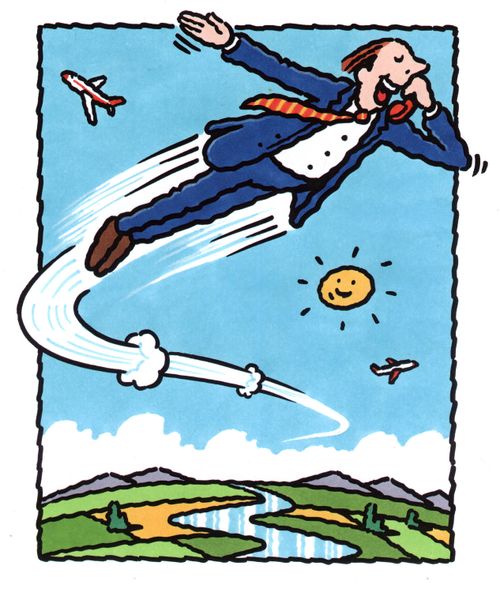 Man with a mobile phone pretending to be an aeroplane.
