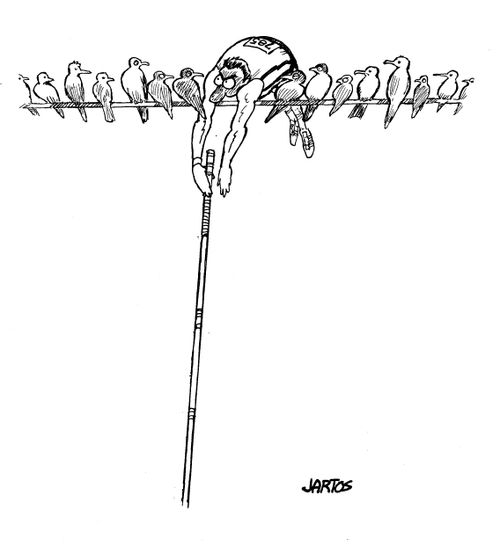 Pole vaulter gets stuck - there are birds sitting on the bar staring at him.